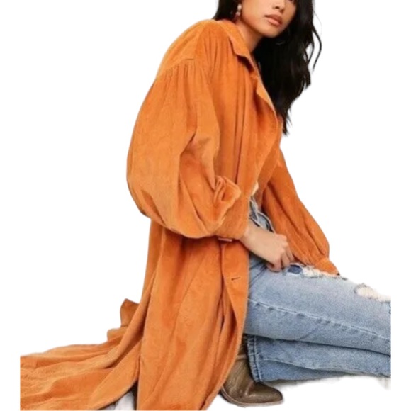 Free People Jenna Cord Trench XS & XL Taupe Purple Longline Button Corduroy Coat - Picture 7 of 9